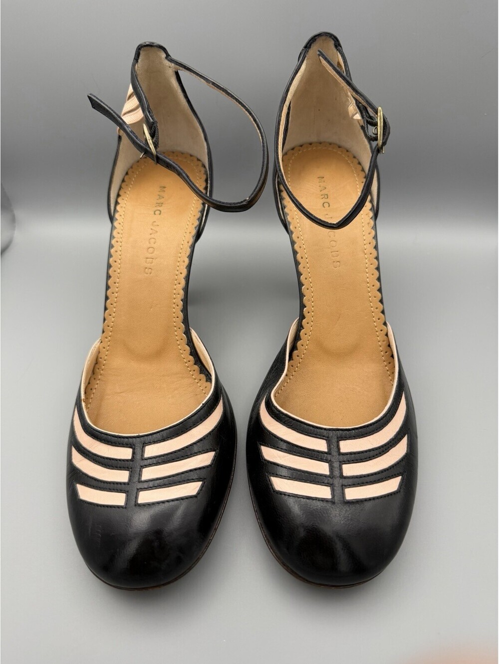 Vintage Marc Jacobs Black Pink Cutout Leather Ankle Strap Pumps Heels 7 M 37